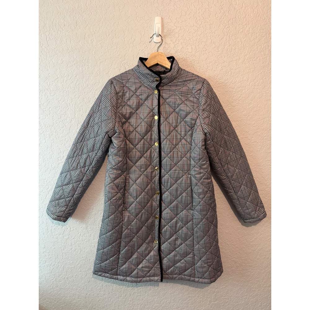 Liz Claiborne Glen Plaid Quilted Long Jacket Size M Preppy Academic